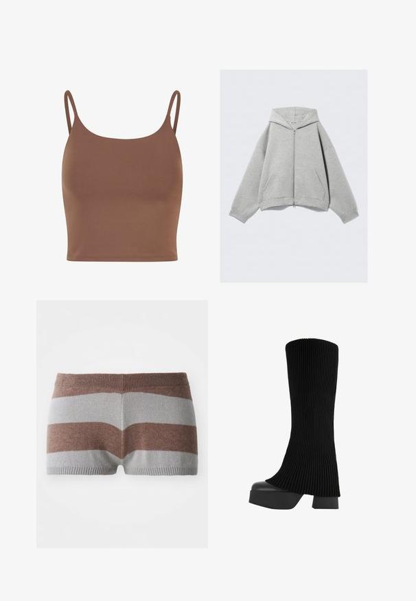 Sivi zip-up hoodie napravljen od meke mješavine pamuka, s kapuljačom, kenguruvim džepovima i rebrastim manžetama. Opusti i prevelik kroj.; Smeđi crop top napravljen od glatkog materijala s tankim, podesivim trakama. Ima zaobljeni izrez i prilagođeni kroj.; Pletene šortse u sivo-smešnim prugama. Imaju uski pojas i glatku teksturu, s jasnim blokiranjem boja.; Crne čizme do koljena s plišanim gornjim dijelom, debelim platformom i blok petom, s glatkom teksturom i modernim, elegantnim dizajnom.