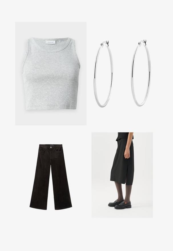 Grå hættejakke med lynlås lavet af blødt bomuldsblanding, med hætte, kængurulommer og ribbede manchetter. Løst oversize fit.; Grå ribbet tanktop med rund halsudskæring og uden ærmer. Blød tekstur og tætsiddende design, velegnet til casual brug eller lagdelt påklædning.; Sorte fløjlsvide bukser med høj talje, forlommer og en tekstureret stof, der har en knaplukning og bæltestropper.; Sort knælange nederdel med sideslids, parret med sorte loafers og gennemsigtige brune strømpebukser, der har et glat stof og et enkelt design.; Sølv hoops øreringe med en glat, poleret overflade og en tynd, cirkulær form. Designet har en sikker låsemekanisme.