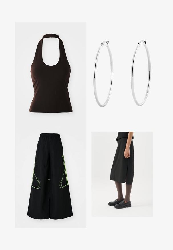 Šedá mikina na zip vyrobená z měkké směsi bavlny, s kapucí, klokankovými kapsami a žebrovanými manžetami. Uvolněný oversized střih.; Černý halter top vyrobený z měkké látky, s širokým kulatým výstřihem a slim-fit siluetou, bez dalších vzorů nebo ozdob.; adidas Originals TEAMGEIST - Teplákové kalhoty - black/signal green; Černá sukně ke kolenům s bočním rozparkem, v kombinaci s černými loafers a průhlednými hnědými punčochami, vyrobená z hladkého materiálu a s jednoduchým designem.; Stříbrné kruhové náušnice s hladkým, leštěným povrchem a tenkým, kruhovým tvarem. Design obsahuje bezpečné zapínání.