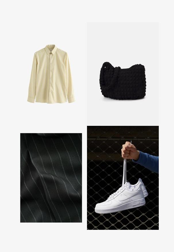 Črna zip-up kapuca iz mehkega blaga. Ima kapuco, sprednje žepe ter rebraste manšete in spodnji rob. Gladka tekstura brez vzorcev.; Svetlo rumena srajca z gumbi, z navpičnimi belimi in temnejšimi rumenimi črtami, dolgimi rokavi in klasičnim ovratnikom. Gladka tekstura tkanine.; Pak petih črnih majic s kratkimi rokavi in ovratnikom v obliki črke crew. Iz bombažne tkanine, standardni kroj. Gladka tekstura brez vidnih vzorcev ali okraskov.; Črn material s ribjo kostjo in tankimi belimi črtami. Tekstura se zdi gladka z subtilno globino iz tkanja.; Bela usnjena športna obutev s perforacijami, okroglo konico, ravnim podplatom in debelimi vezalkami, z vidnim logotipom smoosh in napisom "AIR" na peti.; Črn platneno torba z strukturiranim, quilted vzorcem. Okrogla oblika, kratki, debeli ročaji in mehak, fleksibilen konstrukt.