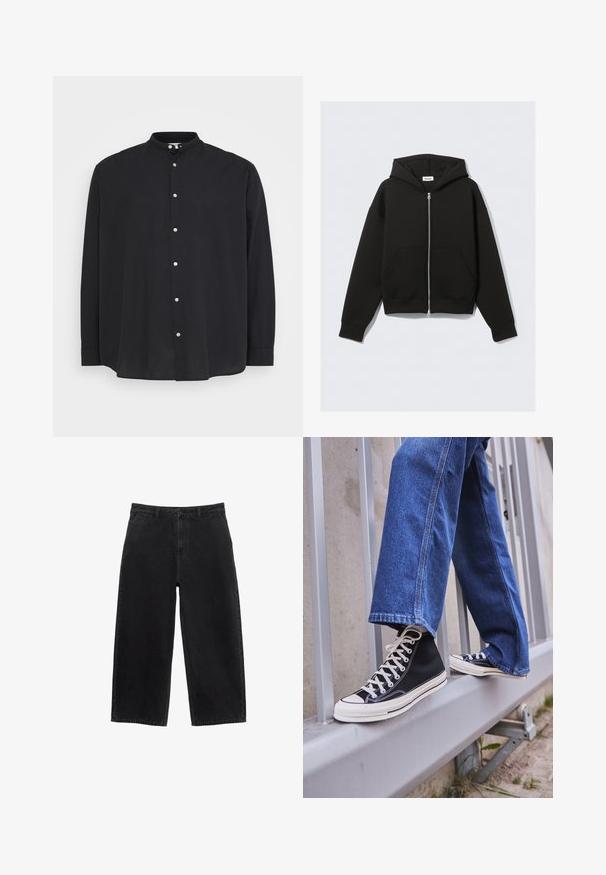 Černá mikina na zip vyrobená z měkké tkaniny. Obsahuje kapuci, přední kapsy a žebrované manžety a lem. Hladká textura bez vzorů.; Černá košile s dlouhým rukávem, s límcem ve stylu band a zapínáním na knoflíky. Vyrobeno z lehkého materiálu, s volným střihem a jemnou texturou.; Černé džínové kalhoty širokého střihu s vysokým pasem, s předním zapínáním na knoflík a standardními kapsami. Hladká textura a čisté linie.; Černé vysoké tenisky s bílou podrážkou a tkaničkami, v kombinaci s volnými modrými džíny, odpočívající na šedém zábradlí.