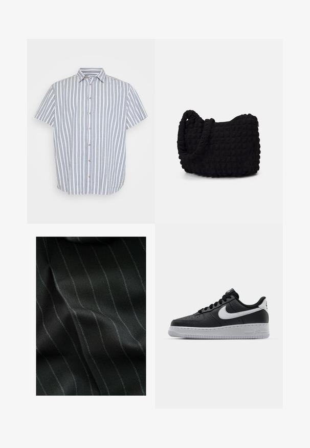 Musta vetoketjullinen huppari, joka on valmistettu pehmeästä kankaasta. Varusteina huppu, etutaskut sekä ribattu hihansuut ja helma. Sujuva pinta ilman kuvioita.; Lyhythihainen nappipaita valkoisena, jossa siniset pystysuorat raidat. Varustettu klassisella kauluksella ja puunappeilla edessä.; Pakka viisi mustaa crew-neck t-paitaa. Lyhyet hihat, puuvillakangasta, normaali istuvuus. Suloinen rakenne ilman näkyviä kuvioita tai koristeita.; Mustat kangas, jossa on herringbone-kuvio ja ohuita valkoisia viivoja. Tekstuurissa on sileä pinta, jossa on hienovaraista syvyysvaikutelmaa kankaan kudoksesta.; Musta nahkakengät, joissa on teksturoitu pinta, valkoinen Nike -logo, harmaa pohja, pyöreä kärki ja nauhakiinnitys. Varustettu rei'illä kärkilaatikossa.; Musta kangaspussi, jossa on teksturoitu, tikkikuvio. Pyöreä muoto, lyhyet, paksut kahvat ja pehmeä, joustava rakenne.