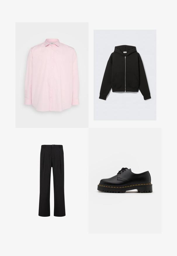Černá mikina na zip vyrobená z měkké tkaniny. Obsahuje kapuci, přední kapsy a žebrované manžety a lem. Hladká textura bez vzorů.; Světle růžová košile na knoflíky s dlouhými rukávy, standardním límečkem a bílými knoflíky na přední straně, vyrobená z hladké bavlněné látky.; Černé kalhoty s rovnými nohavicemi, plochým předním dílem a sklady. Vyrobené z hladké tkaniny s knoflíkovým zapínáním a poutky na opasek.; Černá kůže šněrovací boty s kulatou špičkou, texturovanou gumovou podrážkou a žlutým prošíváním kolem základny. Plný design a hladký povrch.