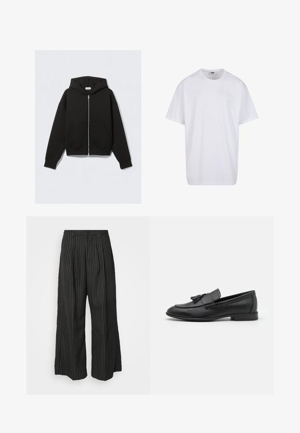 Juodas užtrauktukas hoodis, pagamintas iš minkštos medžiagos. Turi gobtuvą, priekinės kišenes ir guminį rankogalių bei apačios apvadą. Lygus paviršius be raštų.; Balta medvilninė marškinėlių užsagėlė su trumpomis rankovėmis, apvaliu kaklu, laisva forma ir be matomų logotipų ar raštų. Lygi tekstūra ir minimalus dizainas.; Juodos dryžuotos plačios kojos kelnės su klostėmis, turinčios pritaikytą dizainą ir minkštą tekstūrą. Nėra matomų metalinių detalių ar akcentų.; Juodi odiniai loaferiai su lygiu paviršiumi, su kutu priekyje, apvaliu pirštu ir žemu kulnu. Paprastas ir elegantiškas dizainas.