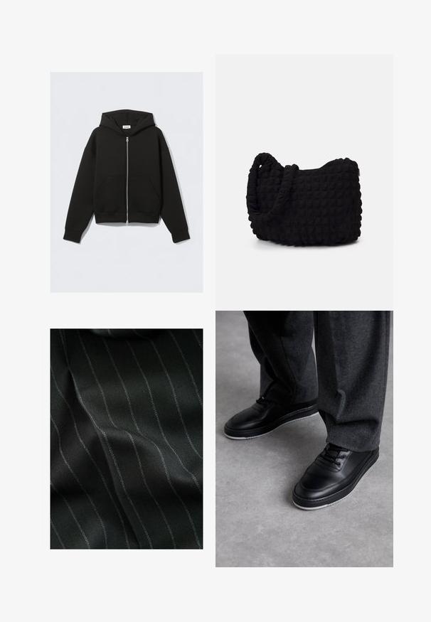 Sort zip-up hættetrøje lavet af blødt stof. Har en hætte, lommer foran og ribbede manchetter og kant. Glat tekstur uden mønstre.; Pakke med fem sorte crew-neck T-shirts. Korte ærmer, lavet af bomuld, standart pasform. Glat tekstur uden synlige mønstre eller udsmykninger.; Sort stof med et fiskebensmønster og fine hvide striber. Teksturen virker glat med subtile dybder fra vævningen.; Person iført sorte lædersneakers med hvide såler og mørkegrå bukser, der står på et glat gråt gulv.; Sort stofpose med en struktureret, quilted mønster. Rund form, korte, tykke håndtag, og en blød, fleksibel struktur.