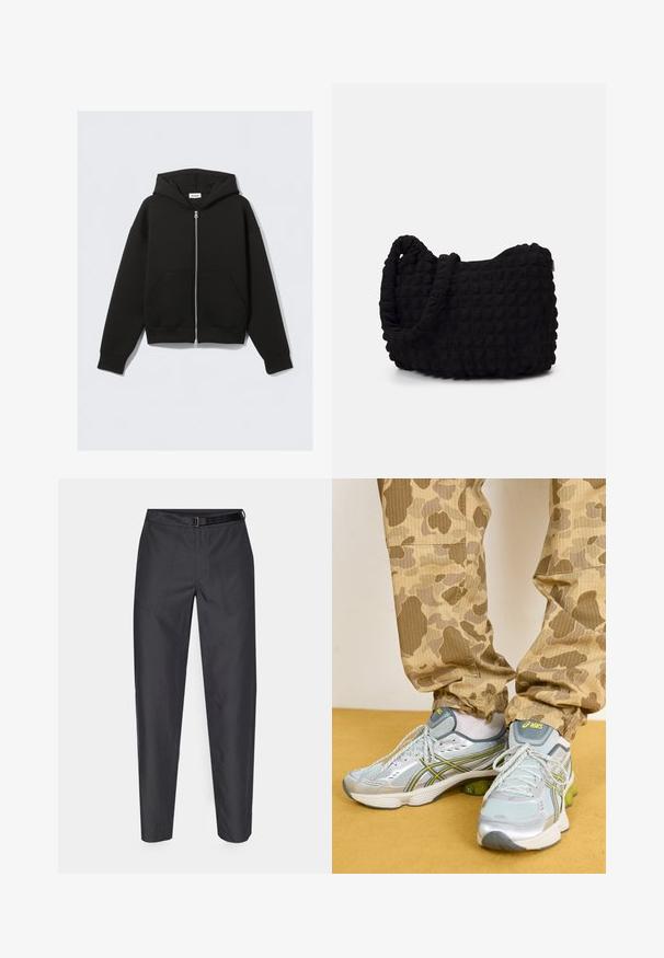 Mustan värvi kapuutsiga zip-up dressipluus, mis on valmistatud pehmest kangast. Omab kapuutsi, esipockets ja soonikkoes varrukaid ning alumist äärt. Sile tekstuur ilma mustriteta.; Viie musta ümarakaelusega T-särgi pakk. Lühikesed varrukad, puuvillane materjal, tavaline lõige. Sile tekstuur, ilma nähtavate mustrite või kaunistusteta.; Tumed hallid püksid, millel on sile tekstuur, elastne vöökoht, millel on vöö, ja kaks eesmist taskut praktilisuse jaoks.; Heledad hallhallid spordijalatsid hõbedaste aktsentidega, rohelise pehmendusega ja tekstuurse võrgu ülemise osaga, koos beežide kamuflaažimustriga pükstega.; Must mustkott, millel on tekstuuriga tikitud muster. Ümar kuju, lühikesed ja jämedad sangad ning pehme, paindlik struktuur.