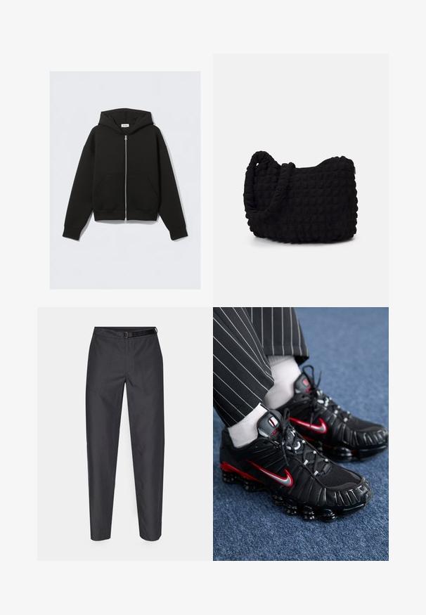 Svart zip-up hoodie i mjukt tyg. Har huva, framfickor samt ribbade mudd och nederkant. Slät textur utan mönster.; Förpackning med fem svarta t-shirts med rund halsringning. Korta ärmar, i bomull, standard passform. Slät textur utan synliga mönster eller dekorationer.; Mörkgrå byxor med en slät textur, elastisk midja med bälte och två framfickor för praktisk användning.; Svarta träning skor med röda och silverfärgade detaljer, mesh och strukturerade syntetiska material, snördesign och synlig dämpad sula.; Svart tygväska med en strukturerad, vadderad yta. Rund form, korta, tjocka handtag och en mjuk, flexibel struktur.