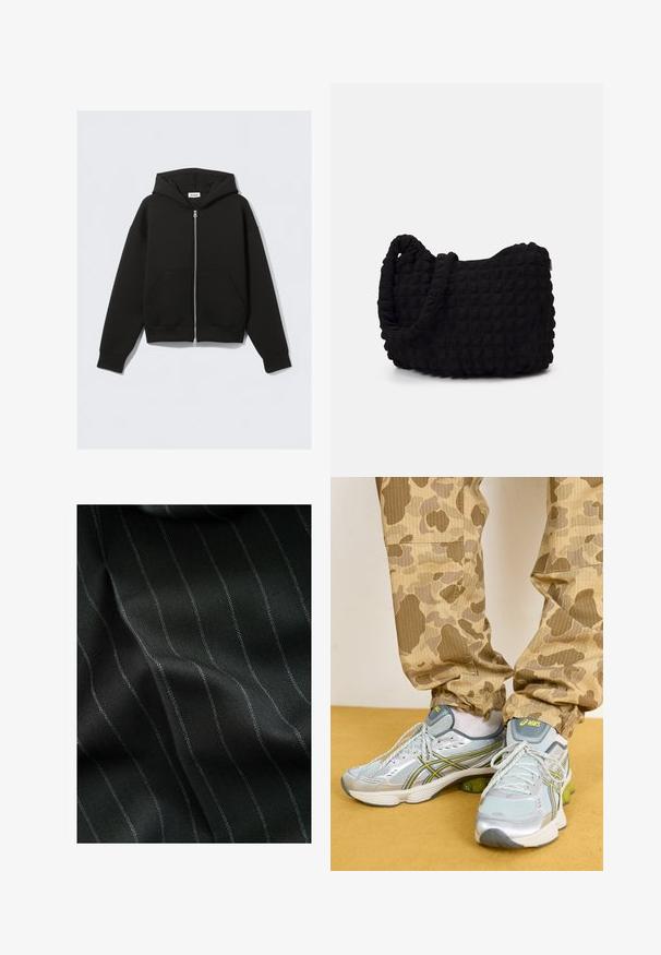 Czarna bluza z kapturem na zamek, wykonana z miękkiego materiału. Posiada kaptur, przednie kieszenie oraz ściągacze przy rękawach i u dołu. Gładka tekstura bez wzorów.; Zestaw pięciu czarnych t-shirtów z okrągłym dekoltem. Krótkie rękawy, materiał bawełniany, standardowy krój. Gładka faktura bez widocznych wzorów czy ozdób.; Czarna tkanina w wzór w jodełkę z cienkimi białymi paskami. Tekstura wydaje się gładka z subtelną głębią z tkania.; Jasnoszare buty sportowe z srebrnymi akcentami, zielonymi detalami amortyzującymi i teksturowaną siateczką, połączone z beżowymi spodniami w kamuflażu.; Czarna torba z materiału o fakturowanym, pikowanym wzorze. Owalny kształt, krótkie, grube rączki oraz miękka, elastyczna struktura.