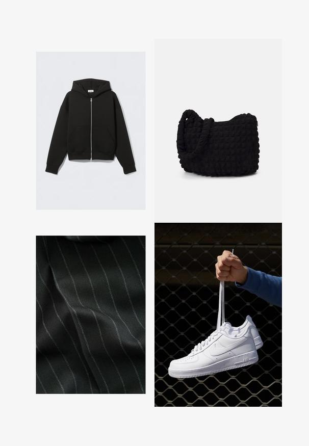 Felpa nera con zip realizzata in morbido tessuto. Presenta un cappuccio, tasche frontali e polsini e orlo a coste. Tessuto liscio senza motivi.; Confezione di cinque t-shirts nere a girocollo. Maniche corte, materiale in cotone, vestibilità standard. Texture liscia senza motivi o abbellimenti visibili.; Tessuto nero con un motivo a spina di pesce e sottili righe bianche. La trama sembra liscia con una leggera profondità data dalla tessitura.; Sneakers in pelle bianca con perforazioni, punta rotonda, suola piatta e lacci spessi, con logo swoosh visibile e "AIR" sul tallone.; Borsa in tessuto nero con un motivo trapuntato e texture. Forma arrotondata, manici corti e spessi, e una struttura morbida e flessibile.