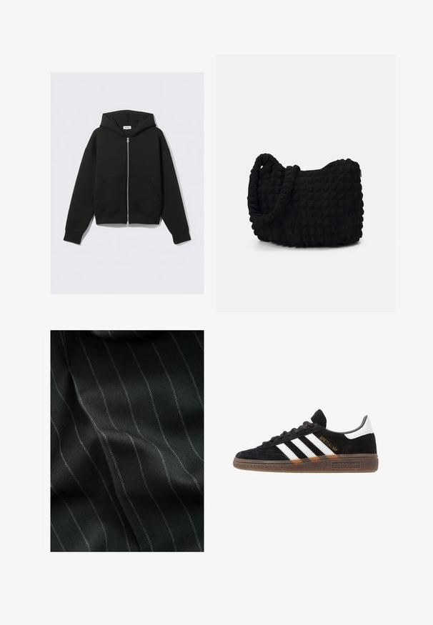 Musta vetoketjullinen huppari, joka on valmistettu pehmeästä kankaasta. Varusteina huppu, etutaskut sekä ribattu hihansuut ja helma. Sujuva pinta ilman kuvioita.; Pakka viisi mustaa crew-neck t-paitaa. Lyhyet hihat, puuvillakangasta, normaali istuvuus. Suloinen rakenne ilman näkyviä kuvioita tai koristeita.; Mustat kangas, jossa on herringbone-kuvio ja ohuita valkoisia viivoja. Tekstuurissa on sileä pinta, jossa on hienovaraista syvyysvaikutelmaa kankaan kudoksesta.; Mustat Adidas-nikeset, joissa on valkoiset raidat, kultaiset "Spezial"-tekstiset, kumipohja ja valkoinen kantapää, esitetty sivuprofiilissa.; Musta kangaspussi, jossa on teksturoitu, tikkikuvio. Pyöreä muoto, lyhyet, paksut kahvat ja pehmeä, joustava rakenne.