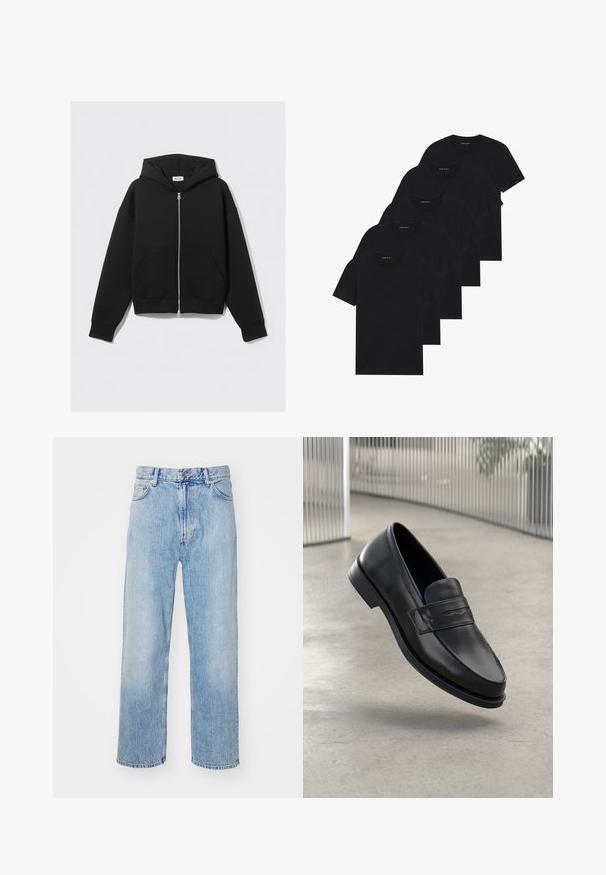 Fekete cipzáros kapucnis pulóver puha anyagból. Jellemzői a kapucni, elülső zsebek, valamint bordázott mandzsetták és alj. Sima textúra, minta nélkül.; Öt darab fekete kerek nyakú póló csomag. Rövid ujjú, pamut anyagból, szabványos fazonnal. Sima textúra, látható minták vagy díszítések nélkül.; Világoskék farmernadrág egyenes szárú szabással, kontrasztos varrással, öt zsebbel és klasszikus gombos záródással.; Fekete bőr mokaszin sima felülettel, hegyes orral és dekoratív pánttal a lábfej fölött. Könnyű talp, letisztult dizájn.