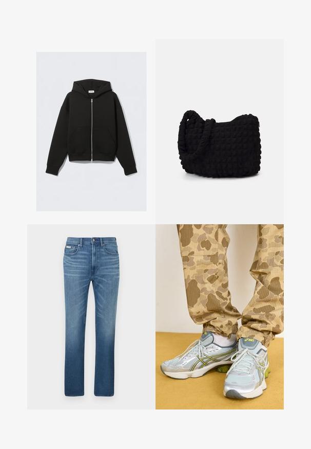 Čierna mikina na zips vyrobená z mäkkého materiálu. Obsahuje kapucňu, predné vrecká a rebrované manžety a lem. Hladký povrch bez vzorov.; Balíček piatich čiernych tričiek s okrúhlym výstrihom. Krátke rukávy, bavlnený materiál, štandardný strih. Hladká textúra bez viditeľných vzorov alebo ozdôb.; Svetlomodré rifle zo džínsoviny s priamym strihom, piatimi vreckami a vyblednutým efektom, s logom značky na páse.; Svetlosivé športové topánky so striebornými akcentmi, zelenými vystuženými detailmi a štruktúrovaným sieťovaným zvrškom, doplnené o nohavice s béžovým maskáčovým vzorom.; Čierna látková taška s textúrovaným, prešívaným vzorom. Zaoblený tvar, krátke, hrubé rúčky a mäkká, flexibilná konštrukcia.