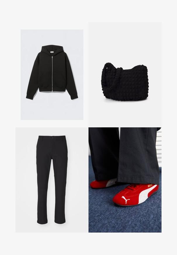 Črna zip-up kapuca iz mehkega blaga. Ima kapuco, sprednje žepe ter rebraste manšete in spodnji rob. Gladka tekstura brez vzorcev.; Pak petih črnih majic s kratkimi rokavi in ovratnikom v obliki črke crew. Iz bombažne tkanine, standardni kroj. Gladka tekstura brez vidnih vzorcev ali okraskov.; Črne hlače iz gladkega blaga, z gumbom za zapiranje, ožjim ravnim krojem in brez vidnih vzorcev ali akcentov.; Rdeče semiš tene z belimi detajli, ki imajo teksturiran material, okroglo špico in zlat logotip na strani, nosene z črnimi hlačami.; Črn platneno torba z strukturiranim, quilted vzorcem. Okrogla oblika, kratki, debeli ročaji in mehak, fleksibilen konstrukt.