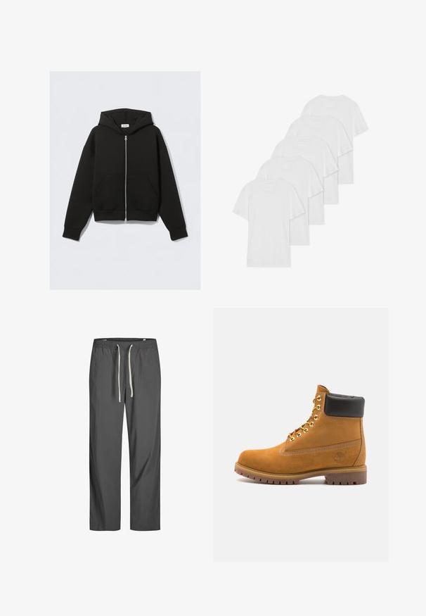 Haut de hoodie zippé noir en tissu doux. Comprend une capuche, des poches avant et des poignets et un ourlet côtelés. Texture lisse sans motifs.; Six t-shirts en coton blanc à manches courtes et encolure ronde disposés en rangée, avec une texture lisse et sans motifs visibles.; Pantalons légers gris avec une taille élastique et un cordon blanc. Design ample, texture lisse, sans motifs ni accents visibles.; Bottine en daim beige avec un col rembourré noir, œillets en métal doré, détails de surpiqûres blanches et semelle en caoutchouc robuste avec des crampons prononcés.