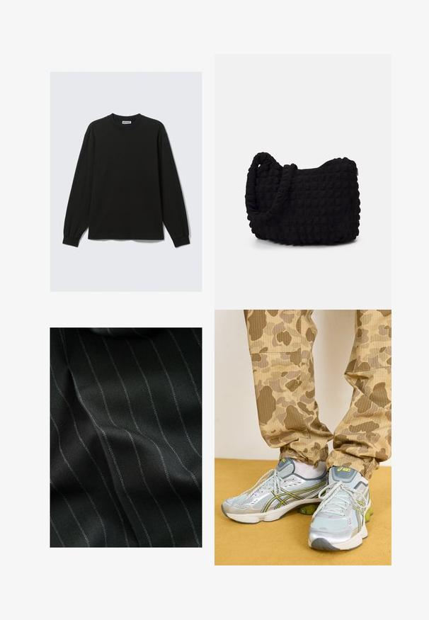 Musta vetoketjullinen huppari, joka on valmistettu pehmeästä kankaasta. Varusteina huppu, etutaskut sekä ribattu hihansuut ja helma. Sujuva pinta ilman kuvioita.; Musta pitkähihainen puuvillainen paita, jossa pyöreä pääntie ja resorireunukset hihansuissa, suora helma ja hillityt ompelu-yksityiskohdat.; Mustat kangas, jossa on herringbone-kuvio ja ohuita valkoisia viivoja. Tekstuurissa on sileä pinta, jossa on hienovaraista syvyysvaikutelmaa kankaan kudoksesta.; Vaaleanharmaat urheilukengät, joissa on hopeiset yksityiskohdat, vihreät pehmusteet ja teksturoitu verkkopinta, yhdistettynä beigenvärisiin maastokuvioisiin housuihin.; Musta kangaspussi, jossa on teksturoitu, tikkikuvio. Pyöreä muoto, lyhyet, paksut kahvat ja pehmeä, joustava rakenne.