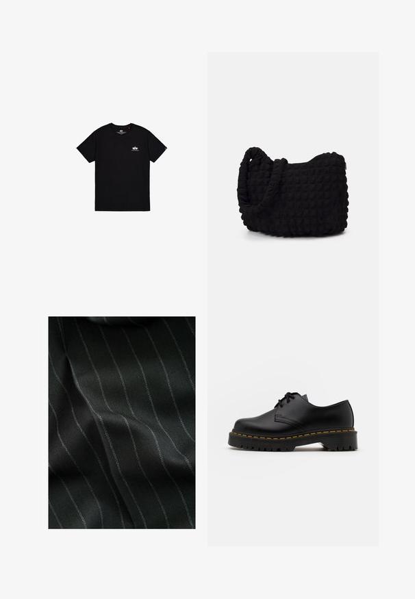 Zwarte zip-up hoodie van zachte stof. Beschikt over een capuchon, voorkeurszakken en ribgebreide manchetten en onderrand. Glad van textuur zonder patronen.; Zwart T-shirt met korte mouwen, gemaakt van katoen. Voorzien van een klein wit logo op de linkerborst en een label op de zijnaad. Eenvoudig ontwerp.; Zwarte stof met een visgraatpatroon en dunne witte strepen. De textuur lijkt glad met een subtiele diepte van de weving.; Zwarte leren veterschoen met een ronde neus, getextureerde rubberen zool en gele stiksels rond de basis. Plat ontwerp en een gladde afwerking.; Zwarte stoffen tas met een gestructureerd, gewatteerd patroon. Rondvormig, korte, dikke handvatten en een zachte, flexibele structuur.