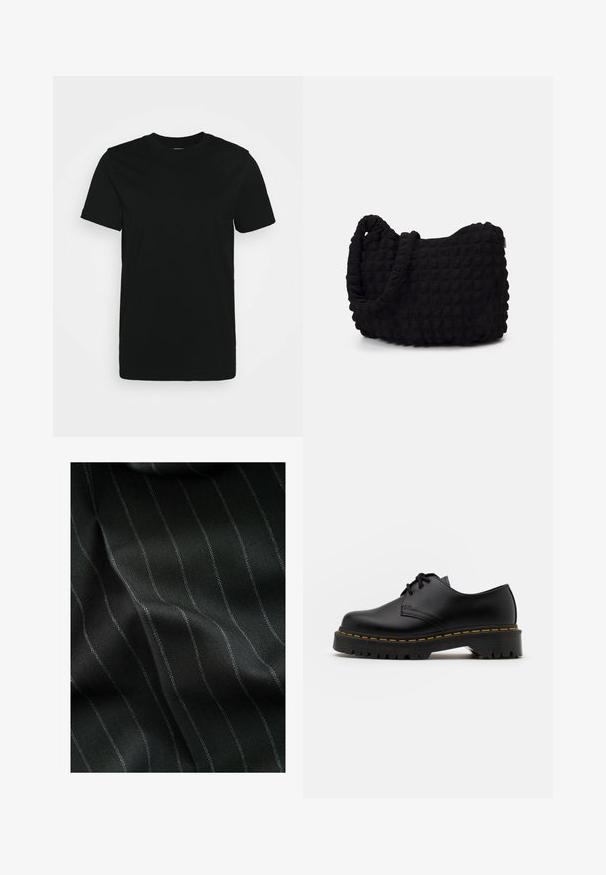 Schwarze Zip-Hemdjacke aus weichem Stoff. Verfügt über eine Kapuze, Fronttaschen und gerippte Bündchen und Saum. Glatte Textur ohne Muster.; Schwarzes kurzärmliges T-Shirt aus glattem Baumwollstoff, mit Rundhalsausschnitt und einem schlichten Design ohne Muster oder Akzente.; Schwarzer Stoff mit einem Fischgrätmuster und feinen weißen Streifen. Die Textur wirkt glatt mit subtiler Tiefe durch die Webart.; Schwarze Leder Schnürschuhe mit runder Spitze, strukturiertem Gummisohle und gelben Nähten um den Rand. Flaches Design und glatte Oberfläche.; Schwarze Stofftasche mit einer strukturierten, gesteppten Oberfläche. Abgerundete Form, kurze, dicke Griffe und eine weiche, flexible Struktur.