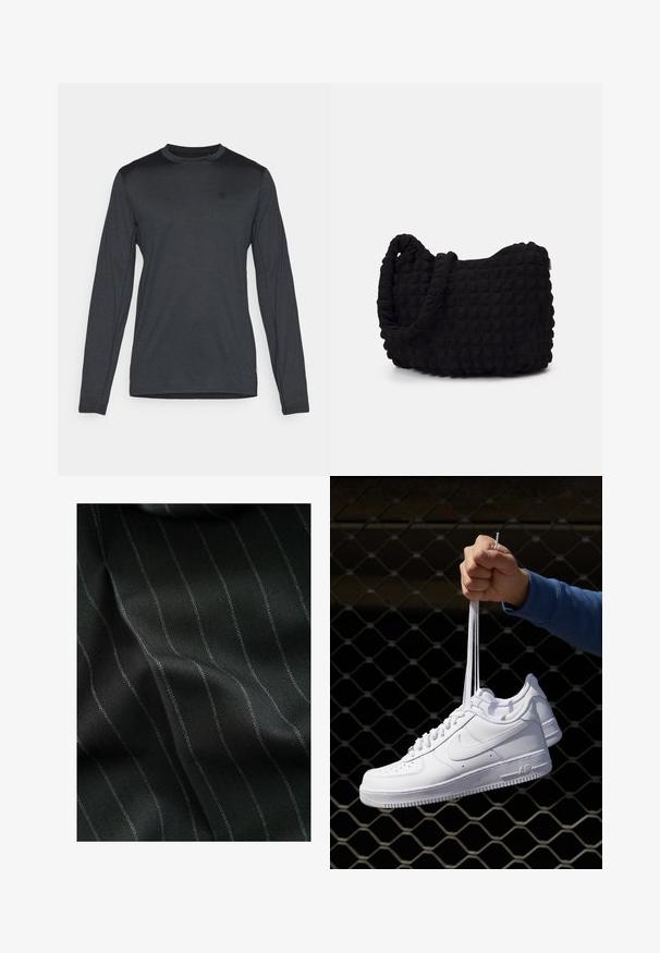 Mustan värvi kapuutsiga zip-up dressipluus, mis on valmistatud pehmest kangast. Omab kapuutsi, esipockets ja soonikkoes varrukaid ning alumist äärt. Sile tekstuur ilma mustriteta.; Tumehallist kangast pikkade varrukatega särk, millel on ümar kaelus ja peene logo detail. Sile tekstuur ja kehakohane lõige.; Mustmustriidi must kangas, millel on kalasabatähe muster ja peened valged triibud. Tekstuur näeb välja sile, millel on kudumise tõttu õrn sügavus.; Valged nahast tennisetossud, millel on perforatsioonid, ümar nina, lame tallus ja paksud nöörid, nähtava swooshi logoga ja "AIR" kontsadel.; Must mustkott, millel on tekstuuriga tikitud muster. Ümar kuju, lühikesed ja jämedad sangad ning pehme, paindlik struktuur.