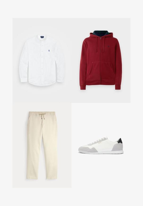 Red zip-up hoodie with a drawstring hood, two front pockets, and a blue-green plaid lining. Includes a small logo on the chest.; White long-sleeve shirt with a band collar, button front, and a blue logo on the left side. Made from smooth cotton fabric.; Off-white casual pants with elastic waistband and drawstring, straight legs, and side pockets against a plain background.; Men's sneakers in white textile with gray suede accents and black heel. Features a lace-up design and a textured rubber sole.