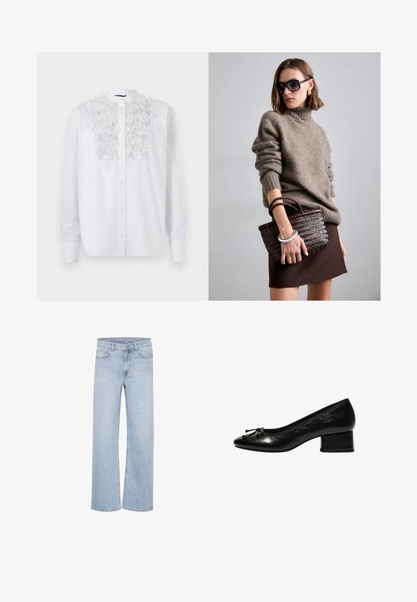 Cardigan gris en matériau doux, avec un décolleté en V profond, des manches longues et une ceinture à la taille. Design simple sans motifs ni ornements.; Chemise blanche à boutons avec un détail floral texturé sur la poitrine, des manches longues et un col Mao. Tissu en coton lisse.; Jeans larges bleu clair en denim. Comprend des passants de ceinture, un design à cinq poches et des accents cousus le long des coutures.; Escarpin en cuir verni noir avec un bout arrondi, un petit talon carré et un accent nœud à l'avant. Texture lisse avec une finition brillante.; DRAGON DIFFUSION MINI FLAT GORA - Sac à main - dark brown