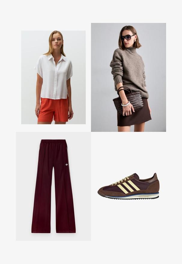 Cardigan grigio realizzato in materiale morbido, con scollatura a V profonda, maniche lunghe e cintura in vita. Design semplice senza motivi o decorazioni.; Camicetta bianca in lino a maniche corte con bottoni, orlo curvo e spacchi laterali, abbinata a pantaloni corti in lino arancione acceso.; Pantaloni sportivi bordeaux con vestibilità rilassata, realizzati in un materiale morbido, dotati di due tasche laterali e strisce bianche a contrasto lungo i lati.; Sneaker marrone e bordeaux realizzato in materiali scamosciati e in rete, caratterizzato da tre strisce color crema, tessuto testurizzato sulla linguetta e suola in gomma.; DRAGON DIFFUSION MINI FLAT GORA - Borsa a mano - dark brown
