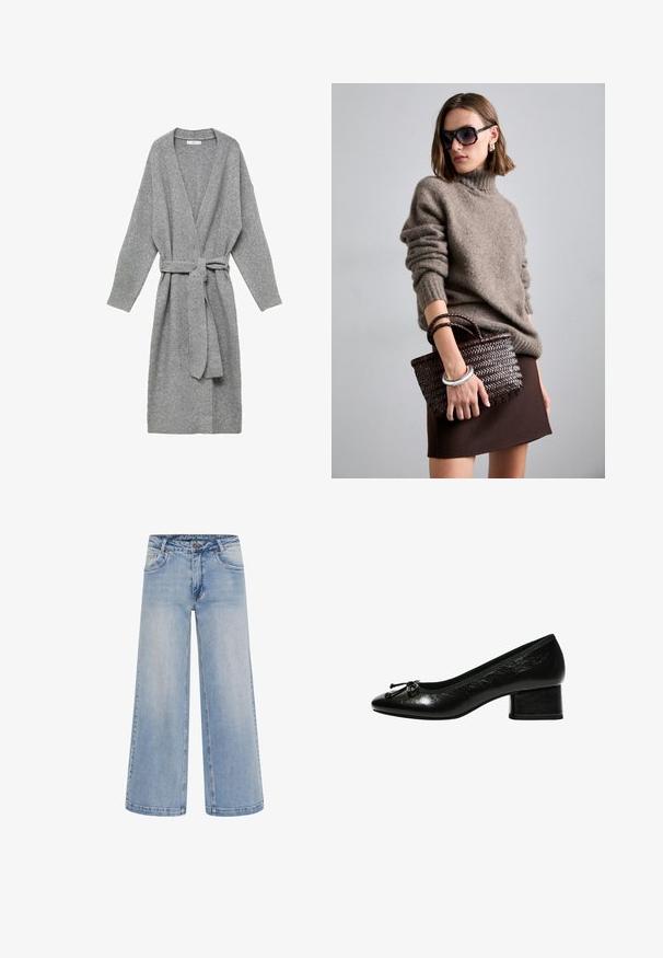 Siva jakna iz mehkega materiala, z globokim V-izrezom, dolgimi rokavi in pasom. Preprost dizajn brez vzorcev ali okraskov.; Bela srajca z dolgimi rokavi in okroglo ovratnikom. Tkanina ima teksturiran vzorec z navpičnimi črtami in rebrastimi podrobnostmi.; Svetlo modri široki traper hlače z visokim pasom, petimi žepi in kontrastnim šivom. Narejene iz denima z gladko teksturo.; Črne lakirane čevlje s peto s krožno konico, majhna blok peta in naguban dodatek spredaj. Gladka tekstura z sijajnim zaključkom.; DRAGON DIFFUSION MINI FLAT GORA - Torbica - dark brown