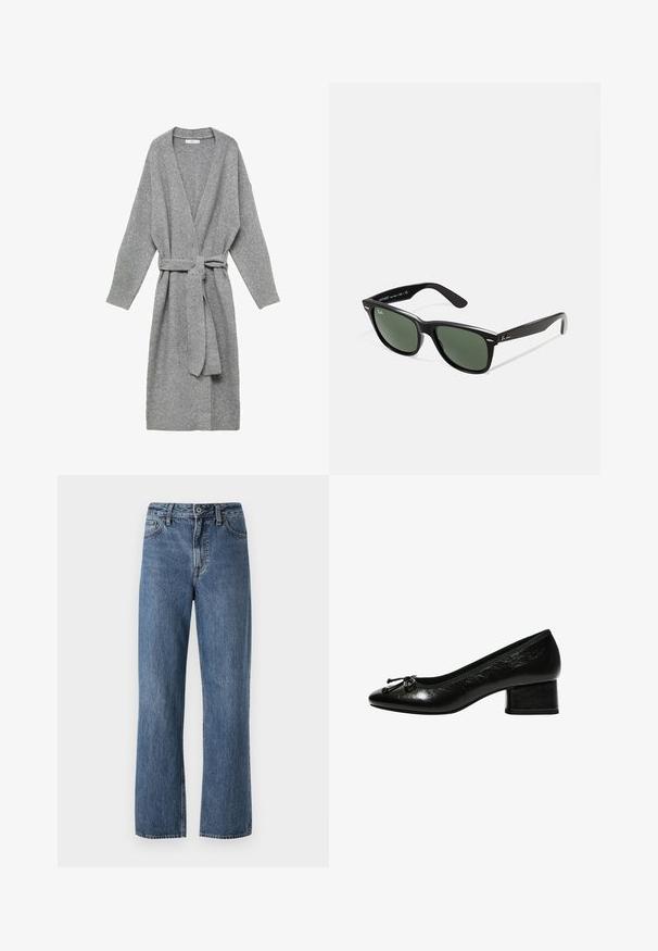 Harmaa neuletakki, joka on valmistettu pehmeästä materiaalista, syvällä V-kaula-aukolla, pitkillä hihoilla ja vyötärösoljella. Yksinkertainen muotoilu ilman kuvioita tai koristeita.; Valkoinen pitkähihaisuus paita, jossa on pyöreä pääntiellä. Kankaassa on tekstuurikuvio, jossa on pystysuoria viivoja ja ribbauspintoja.; Vaaleansiniset denim-farkut perinteisellä suoran lahkeen designilla, viiden taskun tyylillä ja nappikiinnityksellä vyötäröllä.; Musta kiiltävä nahka korkokenkä, jossa on pyöreä kärki, pieni lohkokorko ja nauhakoriste edessä. Sileä pinta kiiltävällä viimeistelyllä.; Mustat muoviset aurinkolasit, joissa on vihreät linssit, neliönmuotoiset kehykset, hopeinen yksityiskohta kulmakarvojen kohdalla sekä tekstuuriset temppeleiden varret. Brändi ilmoitettu sisävarsissa.; DRAGON DIFFUSION MINI FLAT GORA - Käsilaukku - dark brown