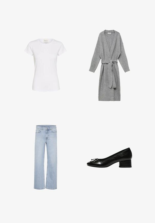 Gray cardigan made of soft material, featuring a deep V-neck, long sleeves, and a waist tie. Simple design with no patterns or embellishments.; White short-sleeve T-shirt made of soft cotton, featuring a crew neckline and subtle embroidered logo on the chest. Classic fitted shape.; Light blue wide-leg jeans made from denim. Features belt loops, five-pocket design, and stitched accents along the seams.; Black patent leather pump with a rounded toe, small block heel, and bow accent on the front. Smooth texture with a glossy finish.