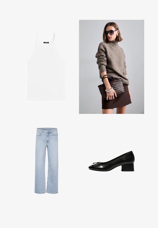 Gray cardigan made of soft material, featuring a deep V-neck, long sleeves, and a waist tie. Simple design with no patterns or embellishments.; White cotton tank top with ribbed texture, round neckline, and wide shoulder straps. Label located at the back inside neckline.; Light blue wide-leg jeans made from denim. Features belt loops, five-pocket design, and stitched accents along the seams.; Black patent leather pump with a rounded toe, small block heel, and bow accent on the front. Smooth texture with a glossy finish.; DRAGON DIFFUSION MINI FLAT GORA - Handbag - dark brown