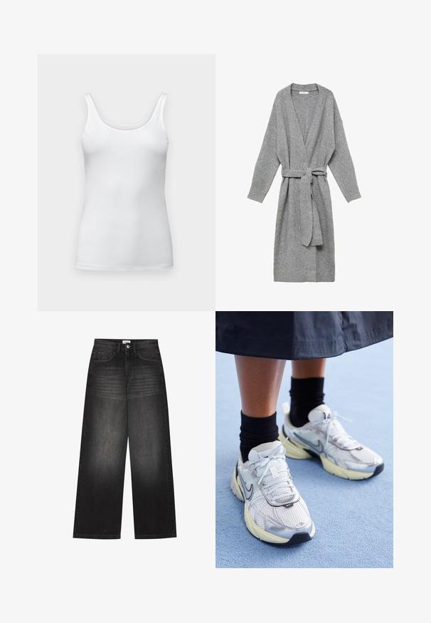 Sivý cardigan vyrobený z mäkkého materiálu, s hlbokým V-výstrihom, dlhými rukávmi a viazaním v páse. Jednoduchý dizajn bez vzorov či ozdôb.; Biely bavlnený tričko bez rukávov s tenkými ramienkami, priliehavý strih, hladká textúra a žiadne viditeľné vzory alebo ozdoby.; YOURTURN UNISEX - Džínsy baggy - black denim; Biele a strieborné Nike tenisky s mrežovou textíliou, reflexnými akcentmi a béžovou podrážkou. Nosené s čiernymi ponožkami, stojace na modrom povrchu.