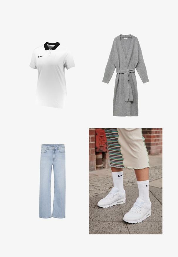 Grauer Cardigan aus weichem Material, mit tiefem V-Ausschnitt, langen Ärmeln und einem Taillengürtel. Schlichtes Design ohne Muster oder Verzierungen.; Weißes Nike Poloshirt mit schwarzem Kragen, kurzen Ärmeln, zwei Knöpfen an der Knopfleiste und kleinem schwarzem Swoosh-Logo auf der linken Brustseite.; Helle blaue Weitjeans aus Denim. Mit Gürtelschlaufen, Fünf-Taschen-Design und genähten Akzenten entlang der Nähte.; Weiße Nike Air Max 90 Sneakers mit Obermaterial aus Mesh und Leder, ausgestattet mit einer sichtbaren Air-Einheit, kombiniert mit weißen gerippten Socken mit schwarzem Logo.