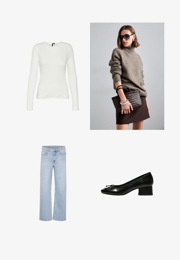 Cardigan grigio realizzato in materiale morbido, con scollatura a V profonda, maniche lunghe e cintura in vita. Design semplice senza motivi o decorazioni.; Camicia bianca a maniche lunghe con scollo rotondo. Il tessuto presenta un motivo testurizzato con linee verticali e dettagli a coste.; Jeans a gamba larga di colore blu chiaro realizzati in denim. Presentano passanti per cintura, design a cinque tasche e dettagli cuciti lungo le cuciture.; Décolleté in pelle verniciata nera con punta arrotondata, tacco a blocco piccolo e dettagli in fiocco sulla parte anteriore. Texture liscia con una finitura lucida.; DRAGON DIFFUSION MINI FLAT GORA - Borsa a mano - dark brown