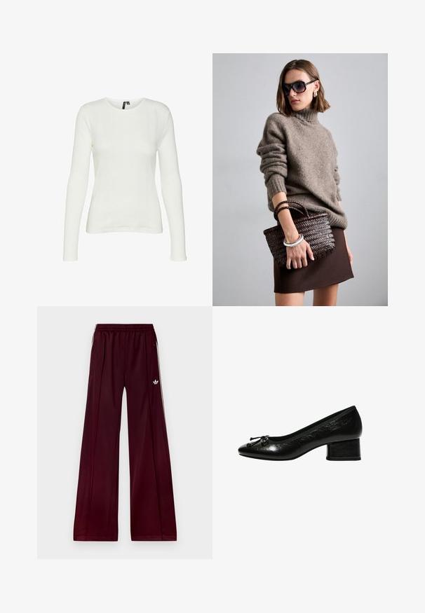 Grauer Cardigan aus weichem Material, mit tiefem V-Ausschnitt, langen Ärmeln und einem Taillengürtel. Schlichtes Design ohne Muster oder Verzierungen.; Weißes Langarmshirt mit rundem Halsausschnitt. Der Stoff hat ein strukturiertes Muster mit vertikalen Linien und gerippten Details.; Bordeauxfarbene Sportpants mit lockerer Passform, aus glattem Material, mit zwei seitlichen Taschen und weißen Kontraststreifen an den Seiten.; Schwarze Lacklederpumpe mit runder Zehenform, kleinem Blockabsatz und Schleifenakzent an der Vorderseite. Glatte Textur mit glänzendem Finish.; DRAGON DIFFUSION MINI FLAT GORA - Handtasche - dark brown