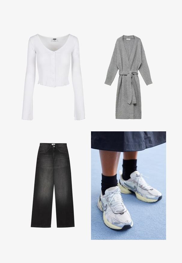 Grijze cardigan gemaakt van zacht materiaal, met een diepe V-hals, lange mouwen en een tailleband. Eenvoudig ontwerp zonder patronen of versieringen.; Witte geribbelde langemouwen crop top met een diepe V-hals, knoopdetails aan de voorkant en een geschulpte zoom. Gemaakt van zachte, rekbare stof.; YOURTURN UNISEX - Baggy jeans - black denim; Witte en zilveren Nike sneakers van meshstof, met reflecterende accenten en een beige zool. Gedragen met zwarte sokken, staand op een blauwe ondergrond.