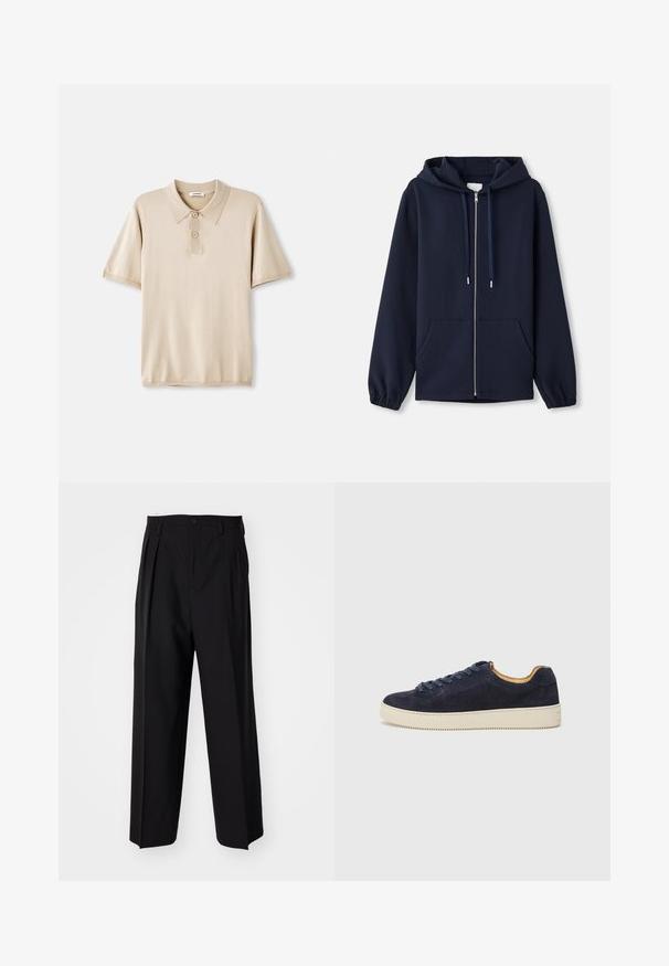 Námornícká zipová mikina vyrobená ze měkké tkaniny, s kapucí na šňůrku, předními kapsami a elastickými manžetami. Jednoduchý a funkční design.; Béžová polo košile s límečkem a zapínáním na tři knoflíky. Krátké rukávy, měkká textilie a rovný lem. Minimalistický design.; Černé skládací kalhoty s rovnými, širokými nohavicemi. Vyrobené z hladké tkaniny, se zapínáním na knoflík a poutky na opasek.; Námořnické semišové nízké tenisky s kulatou špičkou, krémovou gumovou podrážkou a odpovídajícími tkaničkami; obsahují kontrastní hnědou podšívku.
