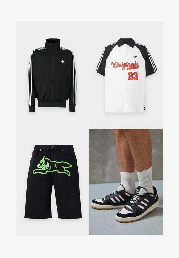 Casaco preto com fecho éclair, gola alta, mangas compridas com três riscas brancas e um pequeno logótipo no peito. Textura de tecido lisa.; Polo branco de manga curta com colarinho preto, mangas pretas, gráfico vermelho "The Originals" e "33" impresso em vermelho na frente.; Icecream RUNNING DOG - Calções de ganga - black denim; Ténis em preto e branco com upper em camurça e couro, apresentando três riscas brancas, um toe perfurado e uma sola em borracha de goma.