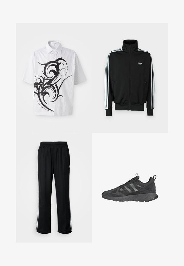 Fekete cipzáros dzseki magas gallérral, hosszú ujjakkal, amelyeken három fehér csík fut, valamint a mellrészen egy kis logó található. Sima anyagtextúra.; Rövid ujjú gombos ing fehér színben, függőleges csíkokkal és nagy fekete absztrakt mintával az elején. Pamut anyag, laza fazon.; Fekete sportnadrág rugalmas derékrésszel, fehér oldalsávokkal és egy kis logóval. Az anyaga lágy és könnyűnek tűnik.; Fekete sportcipők, hálós és velúrból készült felsőrésszel, texturált gumitalppal, párnázott bokával és jellegzetes háromsávos szürke mintával.