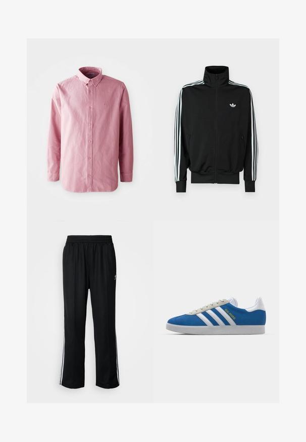 Musta vetoketjullinen takki, jossa on korkea kaulus, pitkät hihat kolmeen valkoiseen raitaan ja pieni logo rinnassa. Sileä kangaspinta.; Pitkähiha, napitettava paita vaaleanpunaisesta kankaasta. Sisältää klassisen kauluksen, kuusi nappia edessä ja hillityn logon rinnassa.; Mustat urheiluhousut, joissa on joustava vyötärö, valkoiset sivuraidat ja pieni logo. Materiaali näyttää pehmeältä ja kevyeltä.; adidas Originals ADIDAS GAZELLE SHOES - Sisäjalkapallokengät - real madrid/bluebird/footwear white/crew yellow