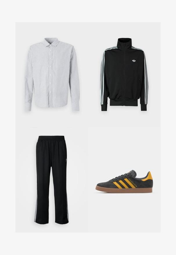 Giacca nera con zip frontale, collo alto, maniche lunghe con tre strisce bianche e piccolo logo sul petto. Tessuto dalla texture liscia.; Camicia a righe con colletto, maniche lunghe e silhouette dritta. I colori includono il bianco e diverse tonalità di blu.; Pantaloni da allenamento neri con elastico in vita, dotati di bande laterali bianche e un piccolo logo. Il materiale sembra morbido e leggero.; Sneaker in suede nero con dettagli gialli, dotato di tre strisce e una suola in gomma marrone. Include una linguetta imbottita per il comfort.
