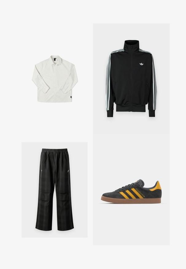 Svart hettejakke med glidelås, høy krage, lange ermer med tre hvite striper, og en liten logo på brystet. Glatt stofftekstur.; Former ANDERSON - Skjorte - beige; Svarte rutete bukser med elastisk midje, to frontlommer og løs passform med rett ben-design. Laget av lett materiale.; Sort skinnesko i svart semsket skinn med gule detaljer, med tre striper og en brun gummisåle. Inkluderer en polstret tunge for komfort.