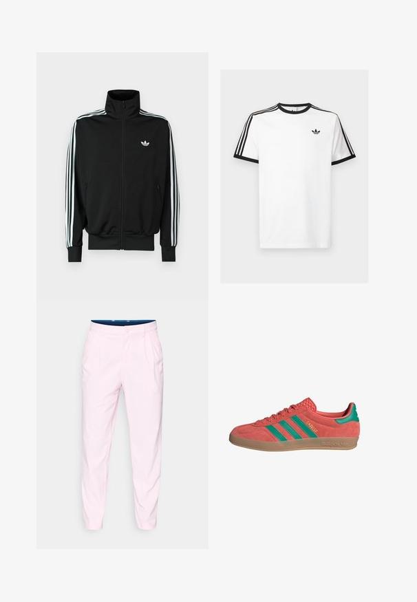 Svart jacka med dragkedja, hög krage, långa ärmar med tre vita ränder och en liten logotyp på bröstet. Slät tygstruktur.; Vit bomullströja med svart ribbad halsringning och ärmar, med tre svarta ränder på varje axel och en liten logotyp på bröstet.; Ljust rosa byxor i ett glatt tyg, med slim fit, enkel knappstängning och två sidfickor.; Röd mockasneaker med gröna ränder och guldtext. Har en strukturerad ovandel och en ljusbrun gummisula. Modellnamnet "Gazelle" synligt.