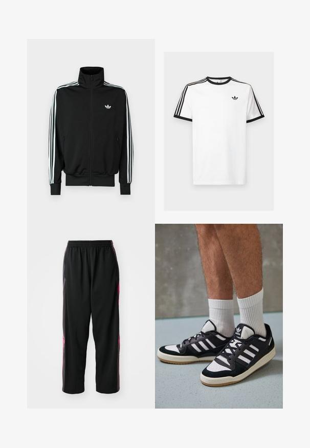Czarna kurtka na zamek z wysokim kołnierzem, długimi rękawami ozdobionymi trzema białymi paskami oraz małym logo na piersi. Gładka faktura tkaniny.; Biała bawełniana koszulka z czarnym ściągaczem przy dekolcie i rękawach, z trzema czarnymi paskami na każdym ramieniu oraz małym logo na klatce piersiowej.; Czarne spodnie sportowe z gładkiego materiału, o luźnym kroju i różowych akcentach po bokach, z elastycznym pasem dla komfortu.; Czarno-białe sneakersy z zamszową i skórzaną cholewką, z trzema białymi paskami, perforowanym czubkiem i gumową podeszwą w kolorze gumy.