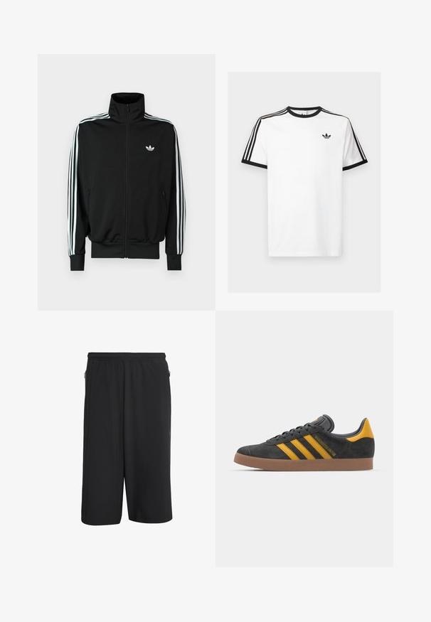 Črna jakna z zadrgo, visokim ovratnikom, dolgimi rokavi s tremi belimi črtami in majhnim logotipom na prsih. Gladek tekstura tkanine.; Bela bombažna majica s črnimi rebrastimi ovratnikom in rokavi, ki ima na vsaki rami tri črne črte in majhen logotip na prsih.; Črne atletske kratke hlače z elastiko v pasu, z stranskimi zadrgami in gladkim, lahkim materialom. Preprost, funkcionalen dizajn.; Črne semiš tene z rumenimi akcenti, ki vsebujejo tri trakove in rjavo gumo podplat. Vključujejo oblazinjeno jezik za udobje.