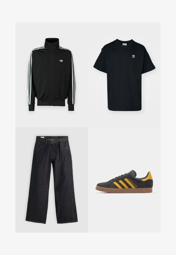 Sort lynlåstrøje med høj krave, lange ærmer med tre hvide striber og et lille logo på brystet. Glat stoftekstur.; Sorte bomulds T-shirt med rund hals og korte ærmer, prydet med et lille hvidt Adidas-logo på venstre brystområde.; Mørk denim bukser med brede ben og bælte i taljen, som har forlommer og kontrastsytråd. Glat tekstur med et rent design.; Sort suedet sneaker med gule accenter, der har tre striber og en brun gummisål. Inkluderer en polstret tunge for komfort.