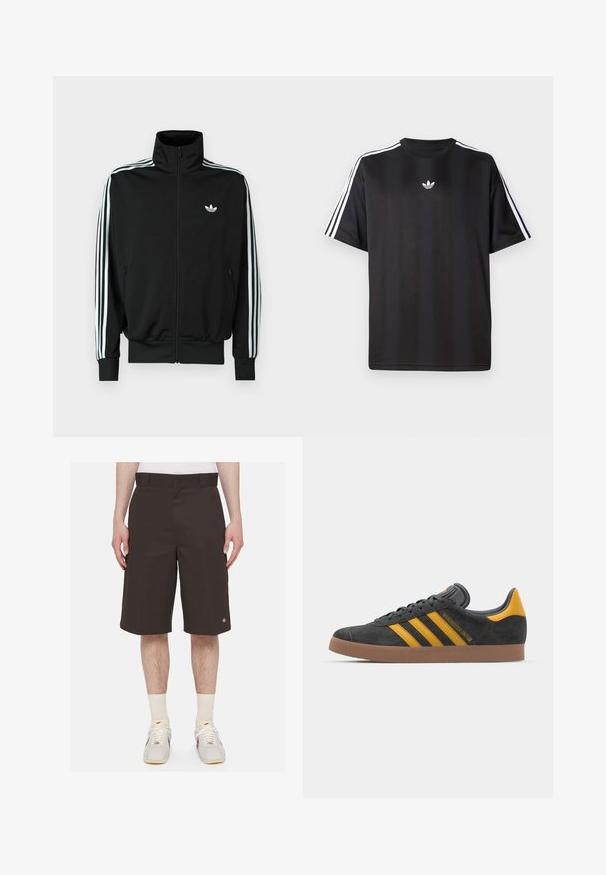 Jachetă neagră cu fermoar, cu guler înalt, mâneci lungi cu trei dungi albe și un mic logo pe piept. Textură netedă a țesăturii.; Tricou negru cu mânecă scurtă, cu detalii albe cu trei dungi pe umeri și un mic logo alb pe piept. Textură de țesătură netedă.; Pantaloni scurți de culoare maro închis, confecționați dintr-un material rezistent, cu un croi drept, lungime până la mijlocul coapsei și logo brodat pe piciorul stâng.; Tenisi negri din suede cu accente galbene, având trei dungi și o talpă din cauciuc maroniu. Include un limba căptușită pentru confort.