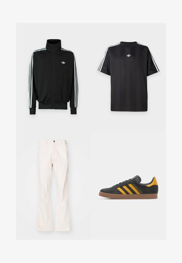 Black zip-up jacket featuring a high collar, long sleeves with three white stripes, and a small logo on the chest. Smooth fabric texture.; Black short-sleeve t-shirt with white three-stripe detailing on shoulders and a small white logo on the chest. Smooth fabric texture.; Cream-colored flared pants with vertical red pinstripes, featuring a button closure, side pockets, and a smooth textured fabric.; Black suede sneaker with yellow accents, featuring three stripes and a brown rubber sole. Includes a padded tongue for comfort.