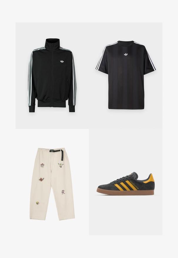 Μαύρο τζάκετ με φερμουάρ, ψηλό γιακά, μακριά μανίκια με τρεις λευκές ρίγες και μικρό λογότυπο στο στήθος. Λείο ύφασμα.; Μαύρο κοντομάνικο μπλουζάκι με λευκές τρεις ρίγες στους ώμους και μικρό λευκό λογότυπο στο στήθος. Λείο υφασμάτινο φινίρισμα.; Kaotiko PANT SKATE BELT FANTASY - Παντελόνι - ivory; Μαύρο σουέτ αθλητικό παπούτσι με κίτρινες λεπτομέρειες, διαθέτει τρεις ρίγες και καφέ λάστιχο σόλα. Περιλαμβάνει επενδυμένη γλώσσα για άνεση.