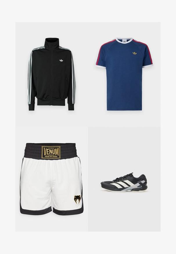 Juoda užsegama striukė su aukšta apykakle, ilgomis rankovėmis su trimis baltomis juostelėmis ir mažuoju logotipu ant krūtinės. Lygus audinio paviršius.; Tamsiai mėlynas marškinėliai iš minkšto medvilnės, su baltais ir raudonais dryžiais ant rankovių, apvaliu apykakle ir mažu auksiniu logotipu ant krūtinės.; Balti bokso šortai su juodais akcentais. Elastinga juosmens juosta turi auksinį "Venum Pro Boxing" etiketę. Juodas gyvatės logotipas išsiuvinėtas šone.; Juoda sportinė avalynė su baltais dryžiais, tinklinis viršus, apvalus pirštas ir paminkštinta padais. Yra tekstūruota kulno dalis ir saugi raištelių sistema.
