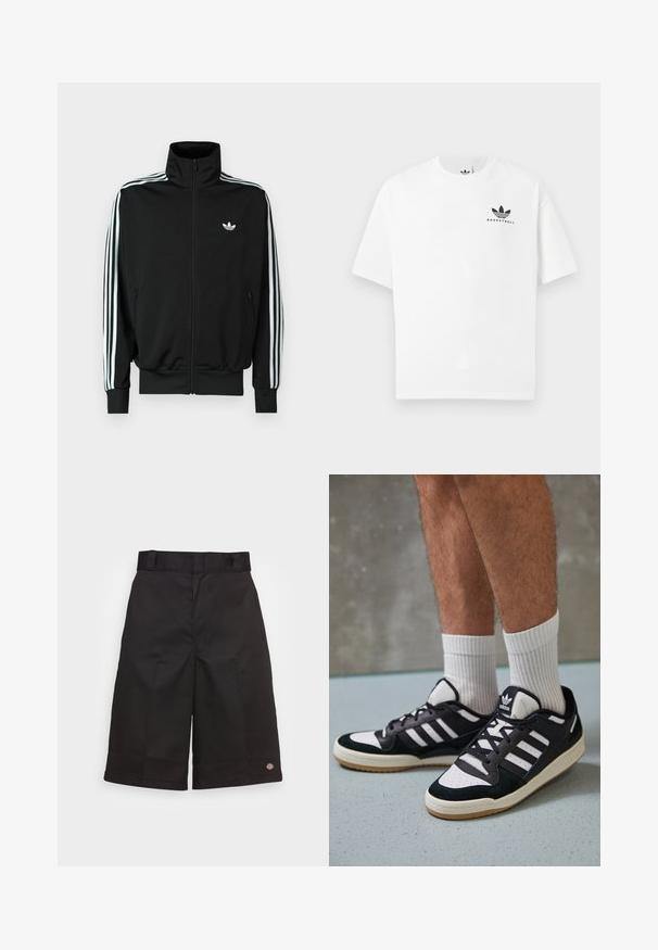 Casaco preto com fecho éclair, gola alta, mangas compridas com três riscas brancas e um pequeno logótipo no peito. Textura de tecido lisa.; T-shirt de algodão branco com mangas curtas, apresentando um logótipo preto "BASKETBALL" e o icónico design de três riscas na parte da frente.; Calções de algodão pretos com um corte reto, até ao joelho, apresentando um logótipo da marca visível na bainha e uma textura suave.; Ténis em preto e branco com upper em camurça e couro, apresentando três riscas brancas, um toe perfurado e uma sola em borracha de goma.