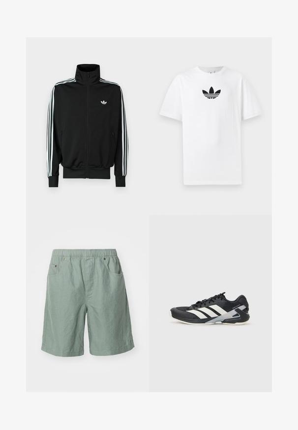 Črna jakna z zadrgo, visokim ovratnikom, dolgimi rokavi s tremi belimi črtami in majhnim logotipom na prsih. Gladek tekstura tkanine.; Bela bombažna majica s črnim logojem Adidas na sredini. Kratki rokavi in oblikovanje z okrog lim. Gladka tekstura.; Svetlozeleni šorti iz teksturiranega blaga z elastičnim pasom, ki imata dva stranska žepa in minimalne šive.; Črne atletske čevlje z belimi črtami, mrežastim zgornjim delom, zaobljenim nosom in blaženim podplatom. Imajo teksturiran petni del in varen sistem vezalk.
